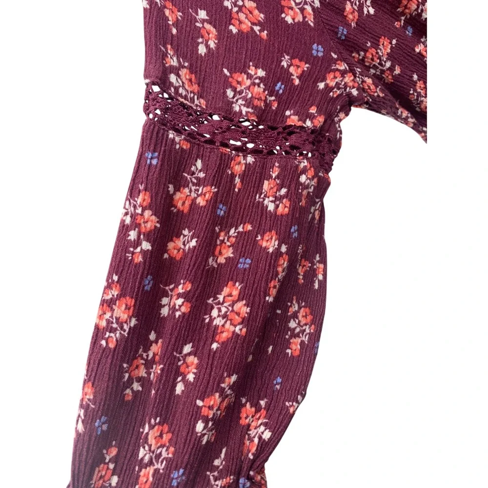 Justice Girls Floral Smocked Waist Boho Dress Burgundy Crochet Sleeve Size 8